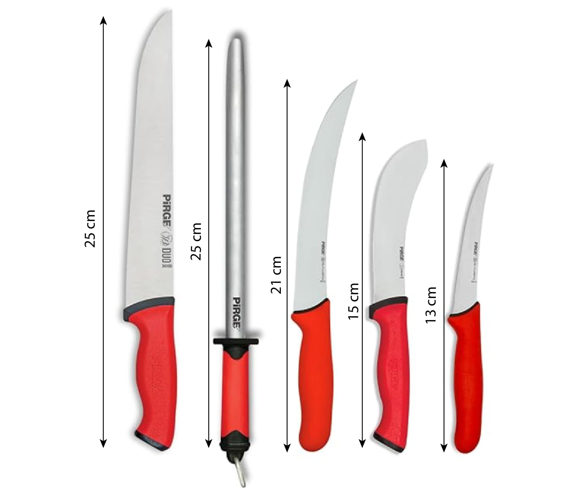 Pirge Set Coltelli da Macellaio 5 Pezzi - Macellaio 25cm, Disosso 21/13cm, Scuoiatura 15cm, Acciaino 25cm - Professionale