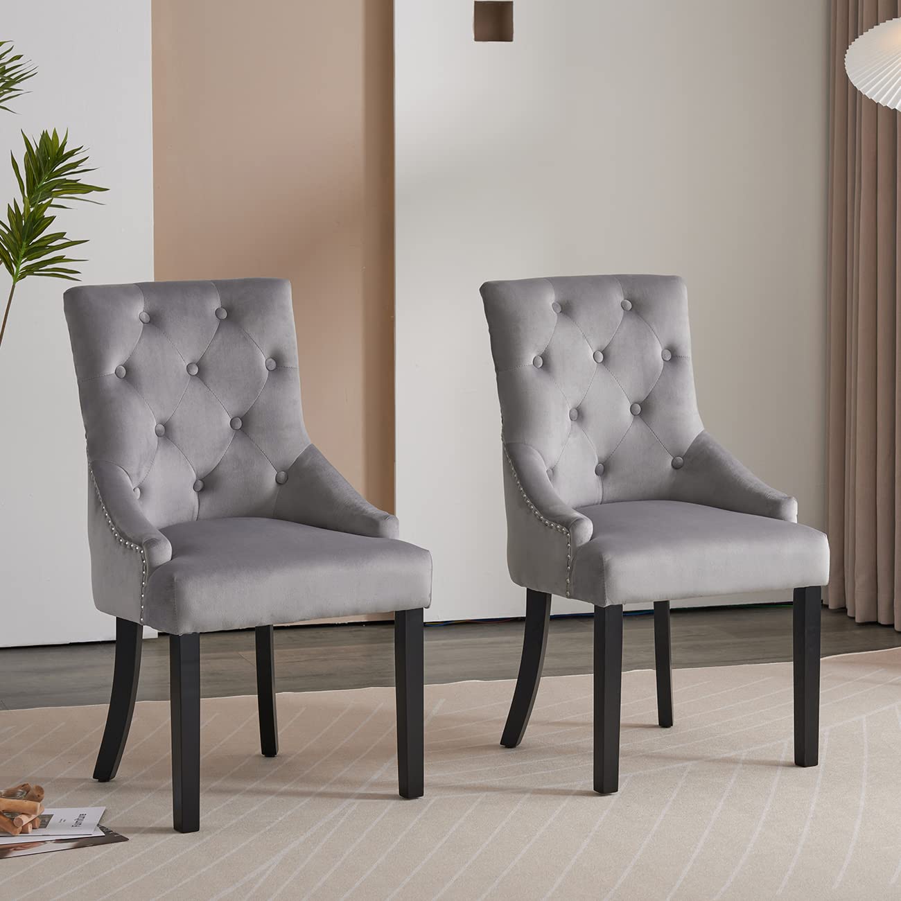 BOJU Set of 2 Velvet Dining Room Chairs with Knocker Ring, Kitchen Armchairs Tufted Fabric Studded Upholstered with Armrest for Accent Restaurant Bedroom Living Room (Light Grey Set of 2)