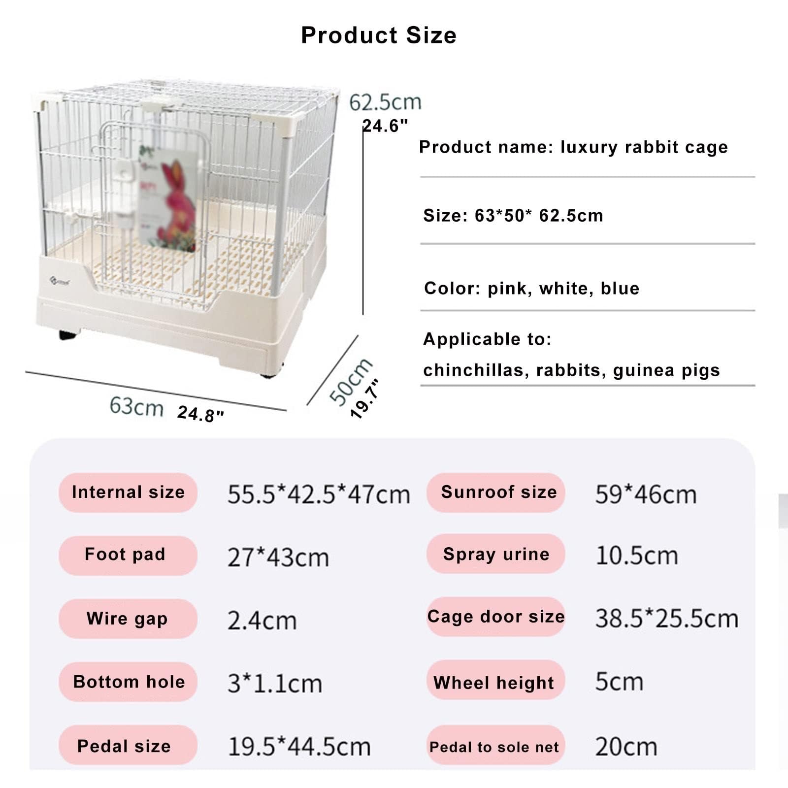 Conejera con ruedas, plataforma extraíble y bandeja extraíble para animales pequeños, ideal para conejos, hurones, ratas, cobayas y chinchillas