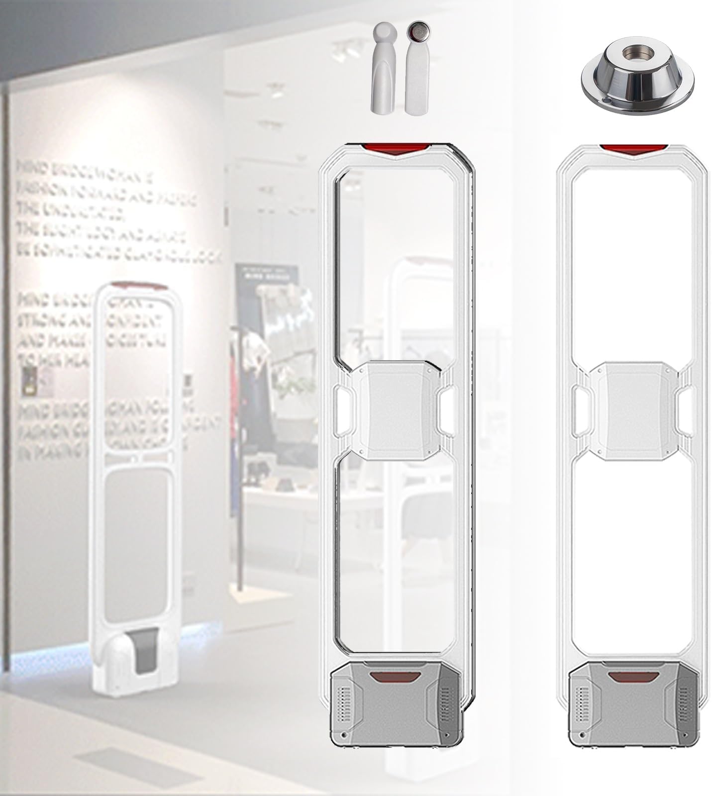 AM 58KHZ EAS Security System, Retail Security Tags Checkpoint Kit, with 100pcs Clothing Loss Prevention Tags, Sound and Light Alarm Security Tower for Supermarkets Clothing Toy Stores(White)