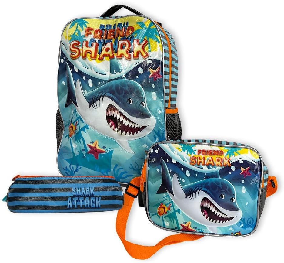 Conjunto Escolar Infantil Tubarão, Mochila com Lancheira e Estojo, Design Oceânico em Azul e Laranja, Kit 3 Peças