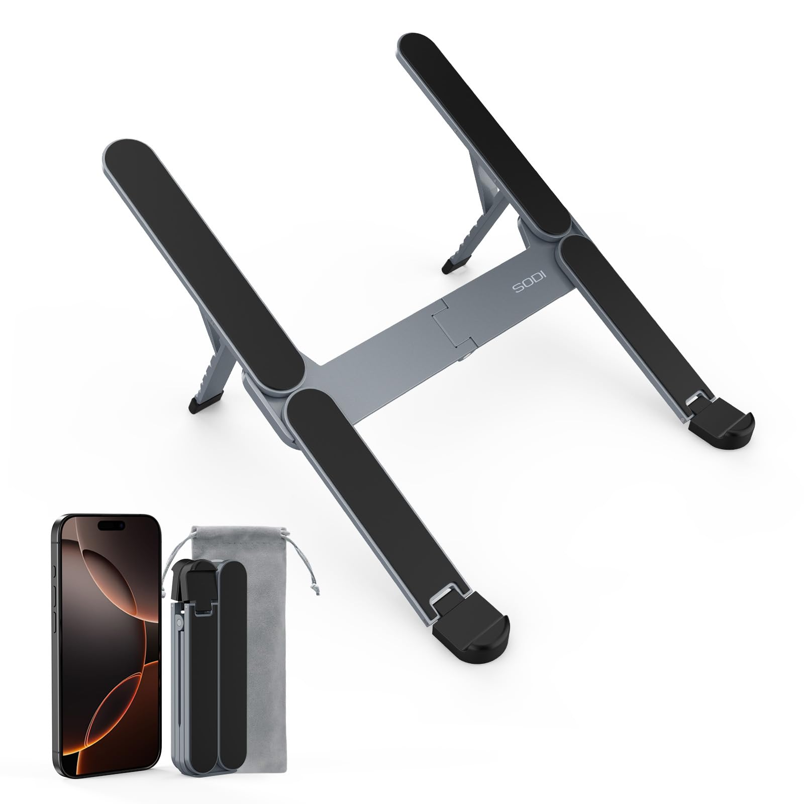 SODI [Ultra Compact] Foldable & Portable Laptop Stand for Desk, Lightweight Tablet Stand for Business Travel, Library, Cafe, 6 Level Height Ergonomic Aluminum Computer Holder for 10-16