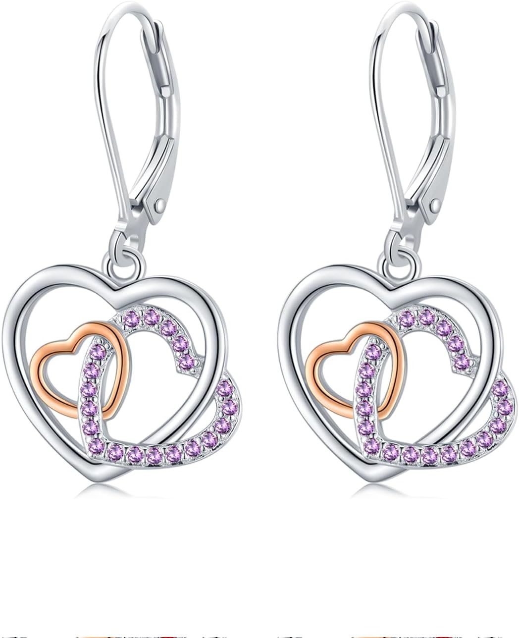 Birthstone Drop Earring 925 Sterling Silver Heart Dangle Earrings Double Heart Jewelry Gifts for Women Valentine's Day