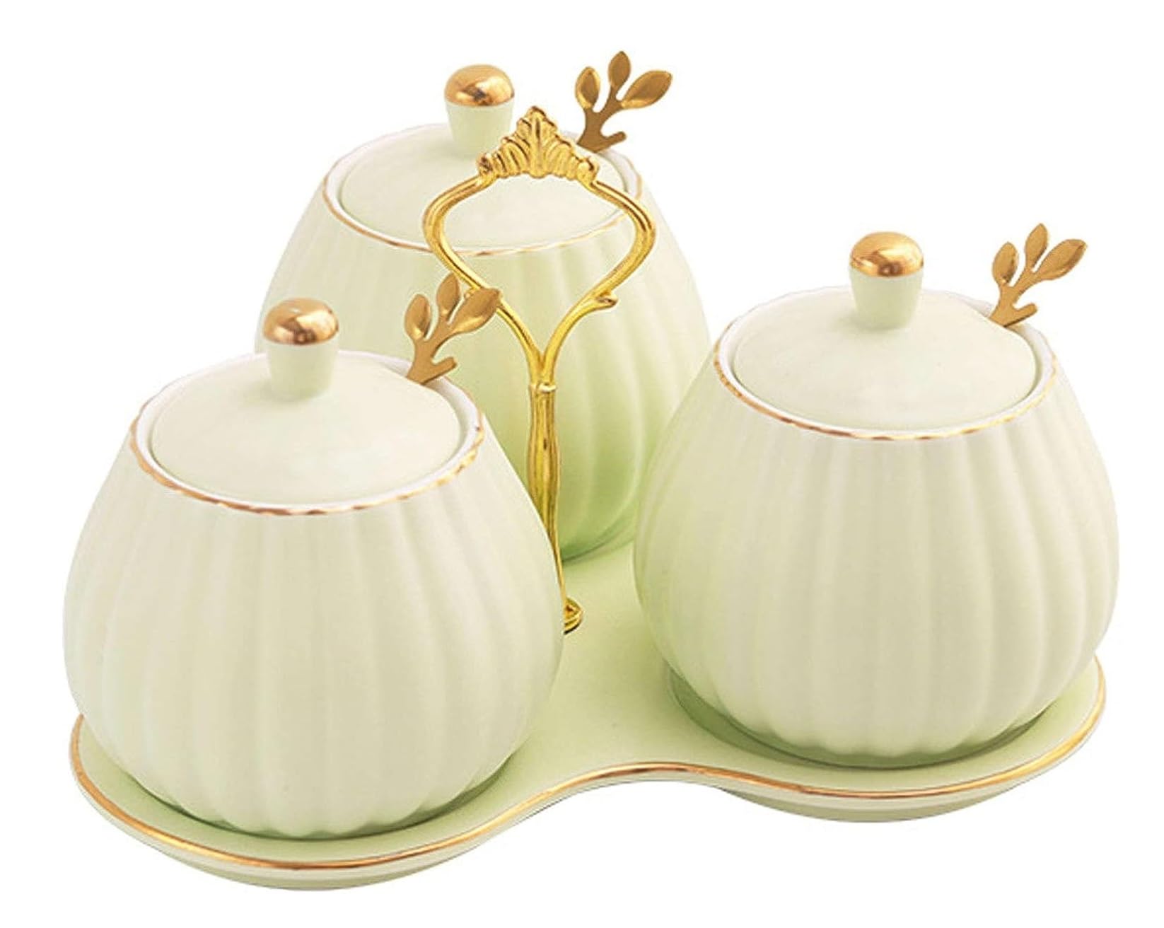 AZHKJKZH Seasoning Box Set Ceramic Seasonings Jar Set Condiment Container With With Spoon Lid And Tray Spice Storage Canisters For Sugar Salt Salt Sugar Jar(Light Green)