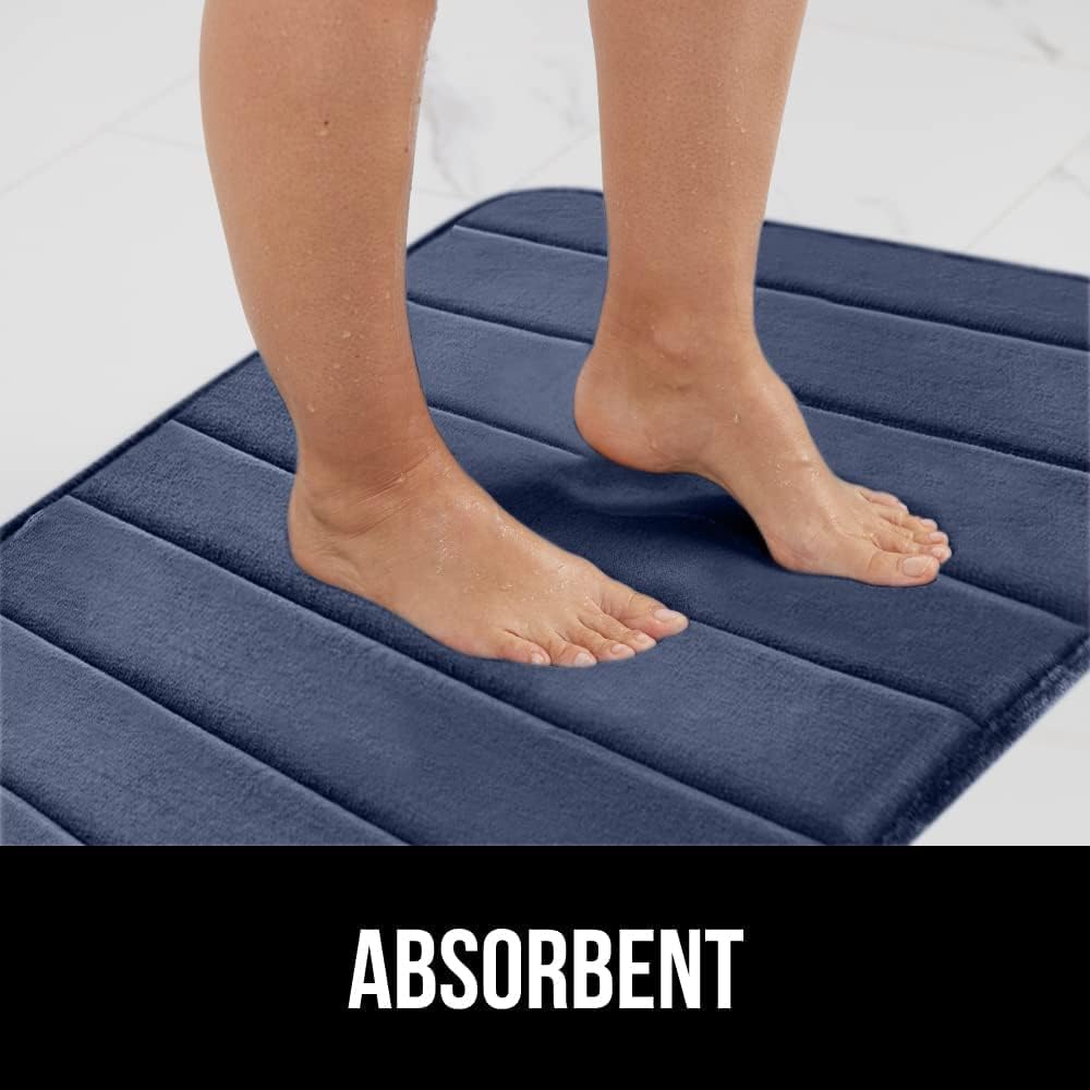 Gorilla Grip Navy Memory Foam Bath Rug Bundle: Solid 30x20 & Striped 24x17, 2 Item Set