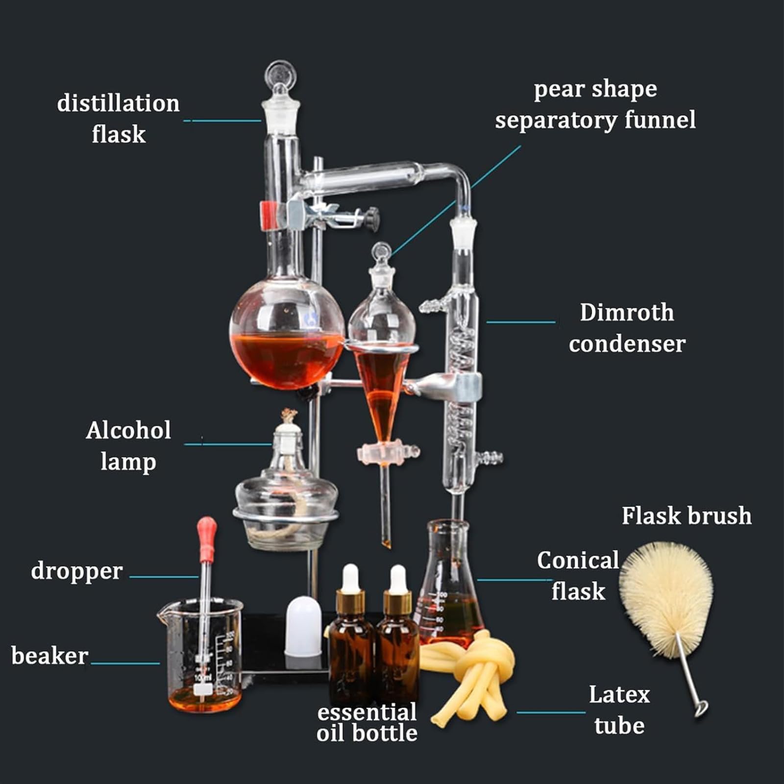 Destilador de aceites Esenciales de 500 ml, Aparato de destilación de Laboratorio con Embudo de separación y Tubo Condensador, Ideal para destilar y producir su Propio Aceite Esencial