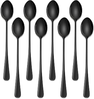 7.5 Inches Black Coffee Stirring Spoons Set,Set Of 8 Stanless Steel Iced Teaspoons,Long Handle Mixing Spoons For Cocktail And Sundae,Long Ice Cream Spoons