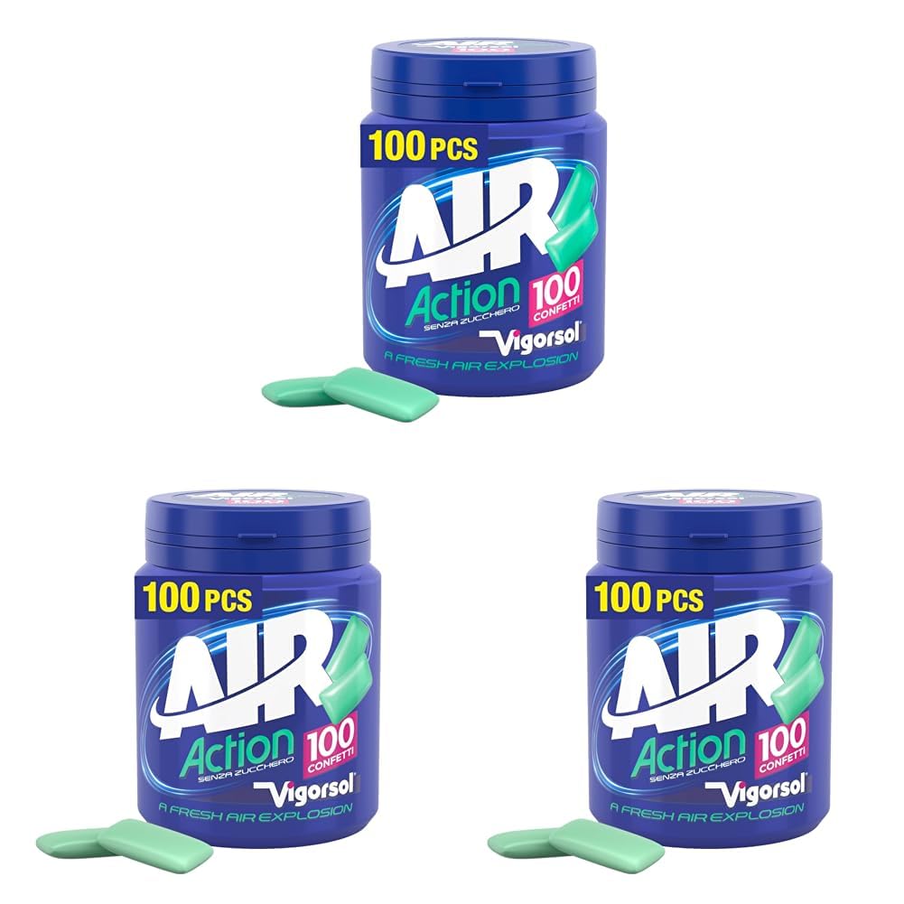 Vigorsol Air Action, Chewing Gum, Gusto Menta, Senza Zucchero, Senza Glutine, Barattolo da 100 Gomme da Masticare, Ideale per una Freschezza Intensa a Portata di Mano (Confezione da 3)