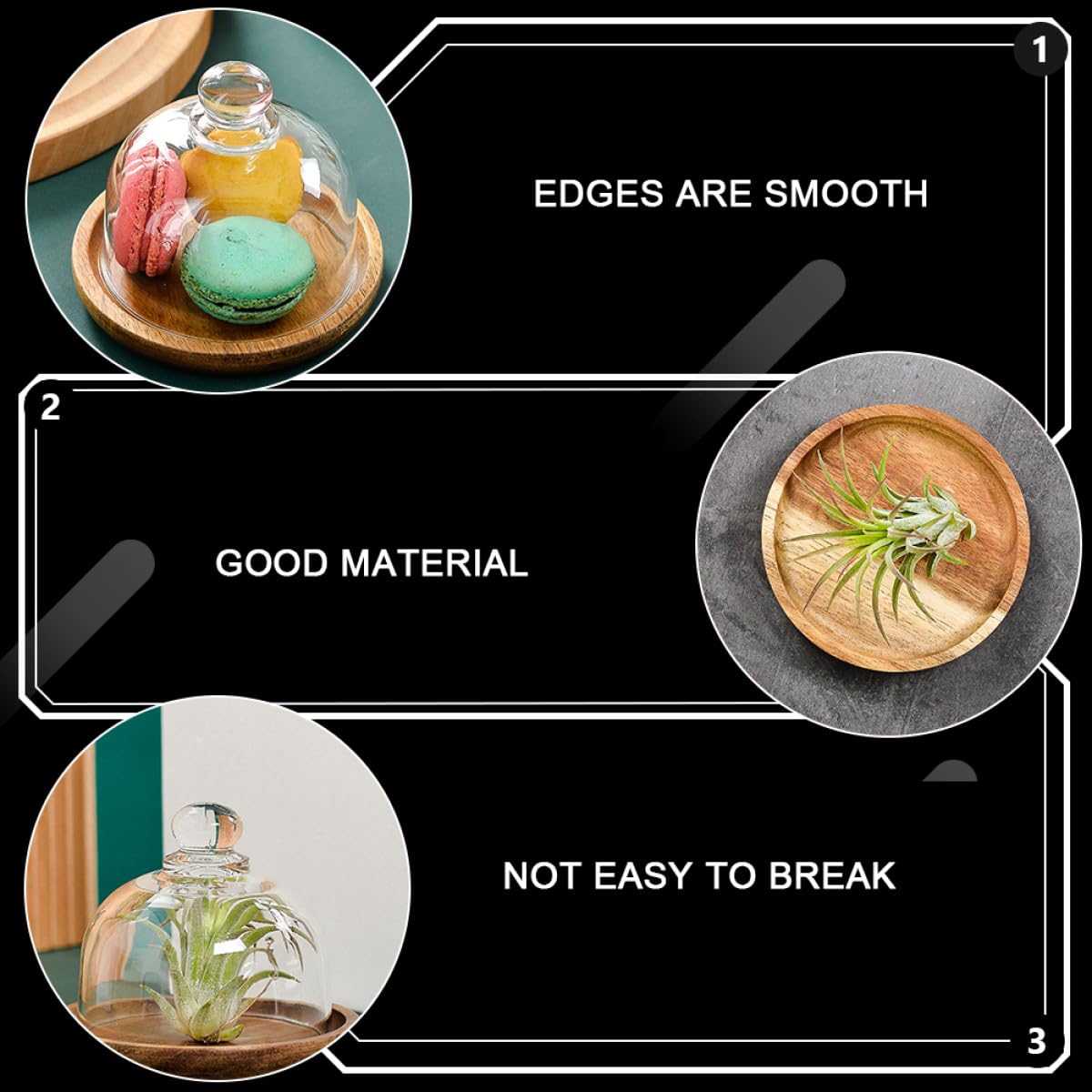 Mini Plateau à Dessert Cloche en Verre en Bois, 2 Ensembles