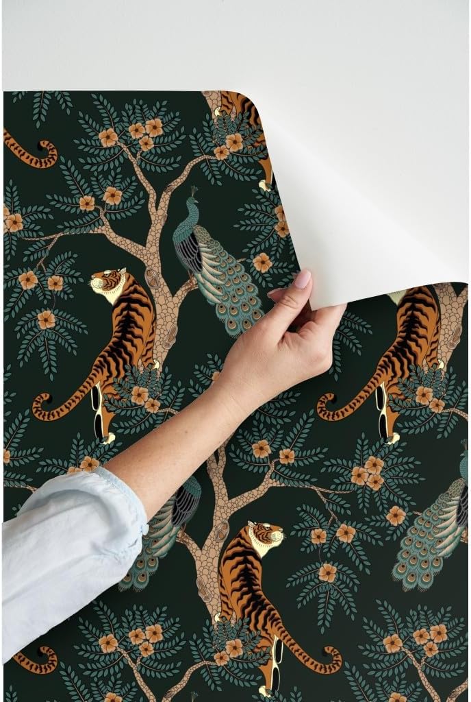 Spoonflower Peel & Stick Wallpaper 6ft x 2ft - Tiger Peacock Bird Asian Flowers Floral Chinese Tree Dark Custom Removable Wallpaper