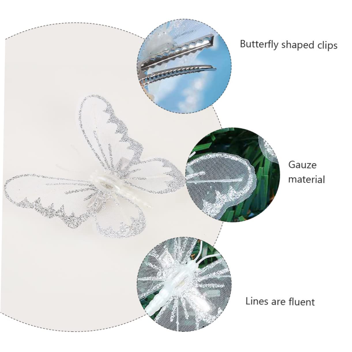 SEWACC 60 Piezas Artificial Clip En Tela Mariposas Con Clip Abrazadera De Miniture Decoración Mariposas Adorno Gasa white