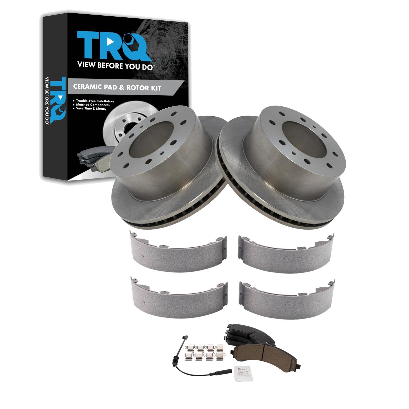 TRQ Rear Brake Pad and Rotor Kit Brake Pads Rotor Parking Shoe Set Ceramic Compatible with 2020-2022 Chevrolet Silverado 2500 HD Silverado 3500 HD GMC Sierra 2500 Sierra 3500