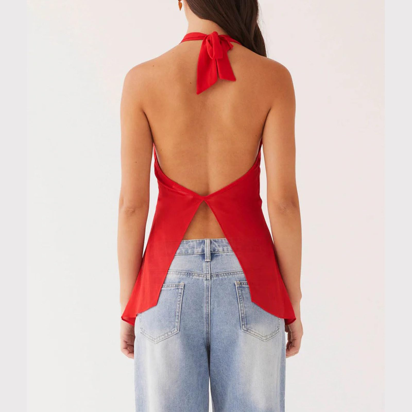 Sexy Outfit Top con Cuello Halter para Mujer, Blusa sin Mangas de Gasa Transparente con Cuello en V Profundo y Espalda Abierta, Top Elegante para Fiesta de Verano