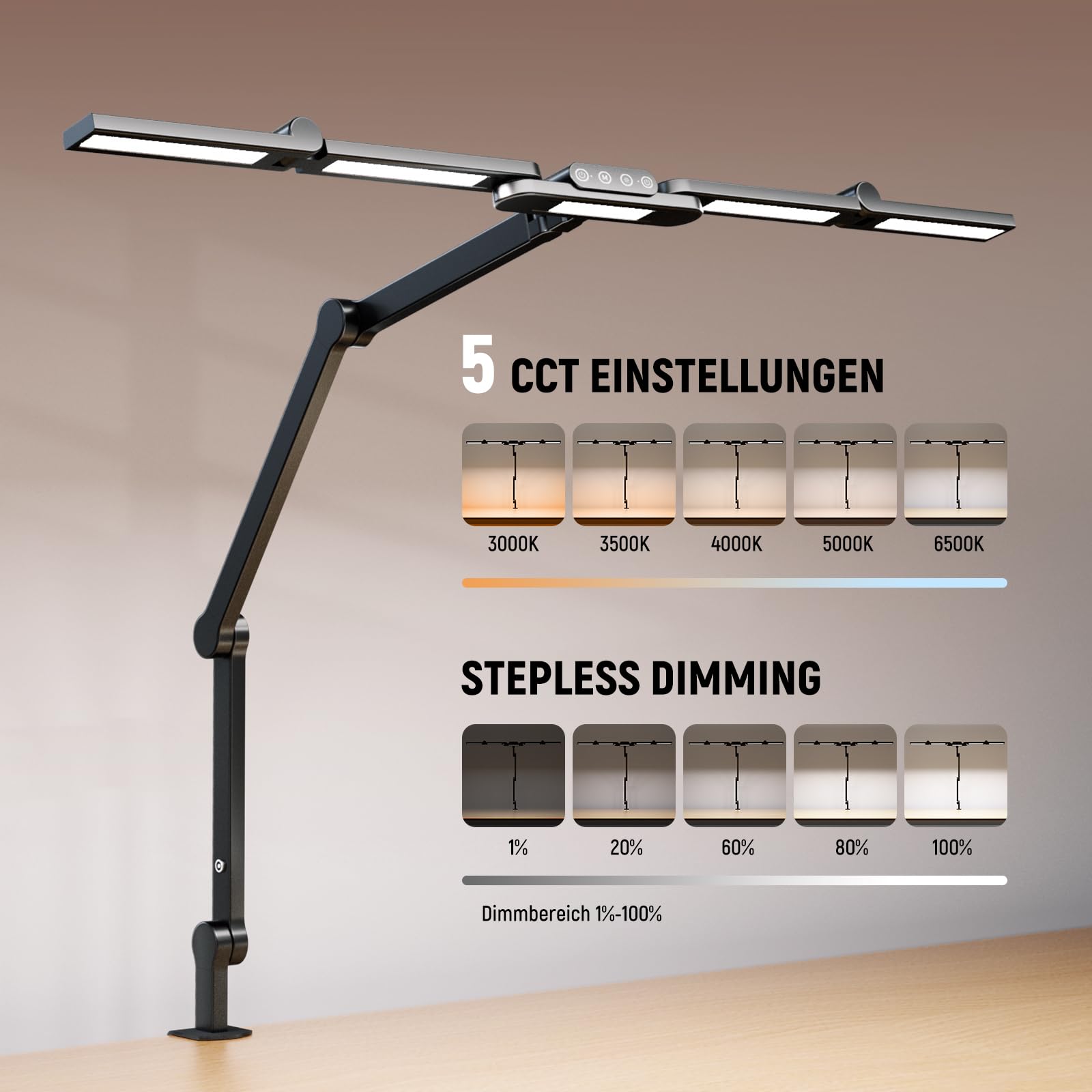 NEEWER Basics 32,5" Clip On LED Tischleuchte zum Aufstecken für das Homeoffice, 23W dimmbare LED Architektenlampe mit Tischklemme, 5 Lichtleisten, Computer Zeichnungs und Videokonferenz, DL01