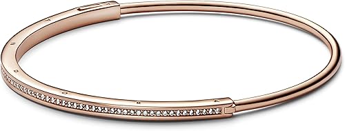 Pandora I-D - Pulsera pavé chapada en oro rosa de 14 quilates para mujer, con circonita cúbica y rosa, regalo para ella, 6.9 pulgadas, Oro rosa,