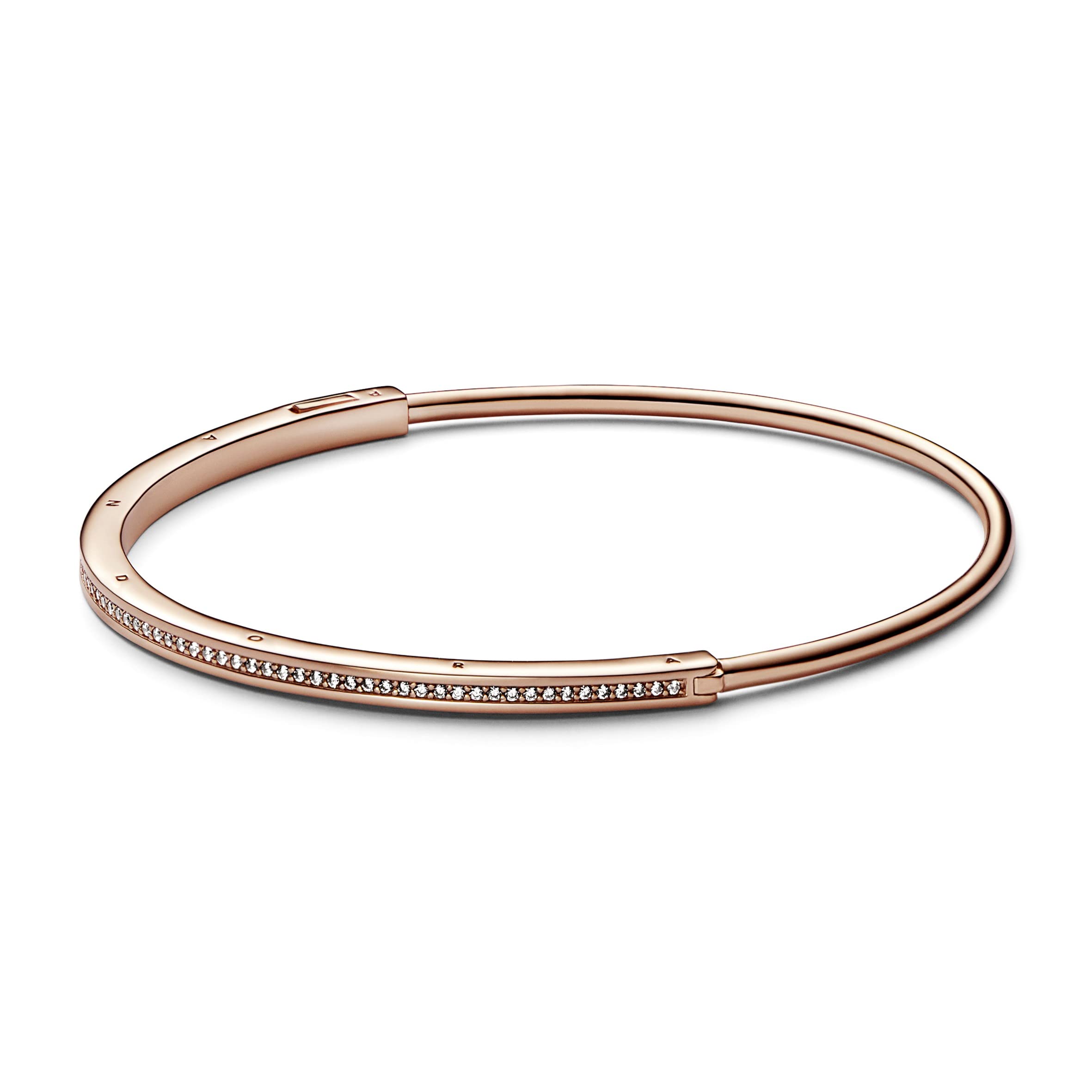 PANDORA Signature - Bracciale rigido I-D con pavè, placcato in oro rosa 14k, con pietre di zirconia cubica incolori