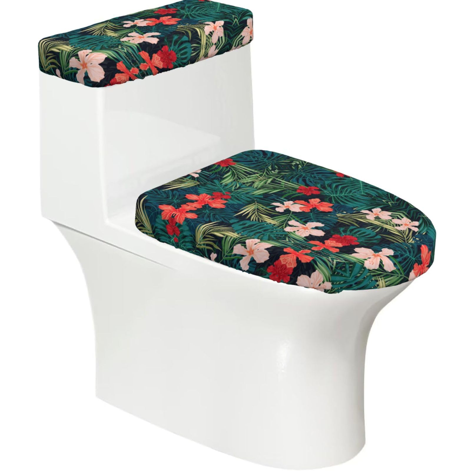 Flghjnbjn Black Summer Hawaiian Printed Toilet Tank And Lid Cover Set Of 2 For Most Bathrooms, Fits Elongated Round Toilets