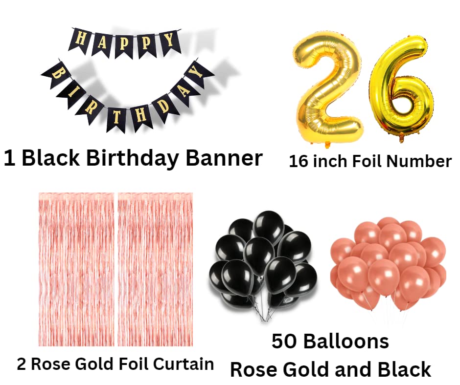 Image of 26th Birthday Decoration items for Girls with Black and Rose Gold Balloons, Black Happy Birthday Banner, Rose Gold Foil Curtain, Foil Balloon number 26