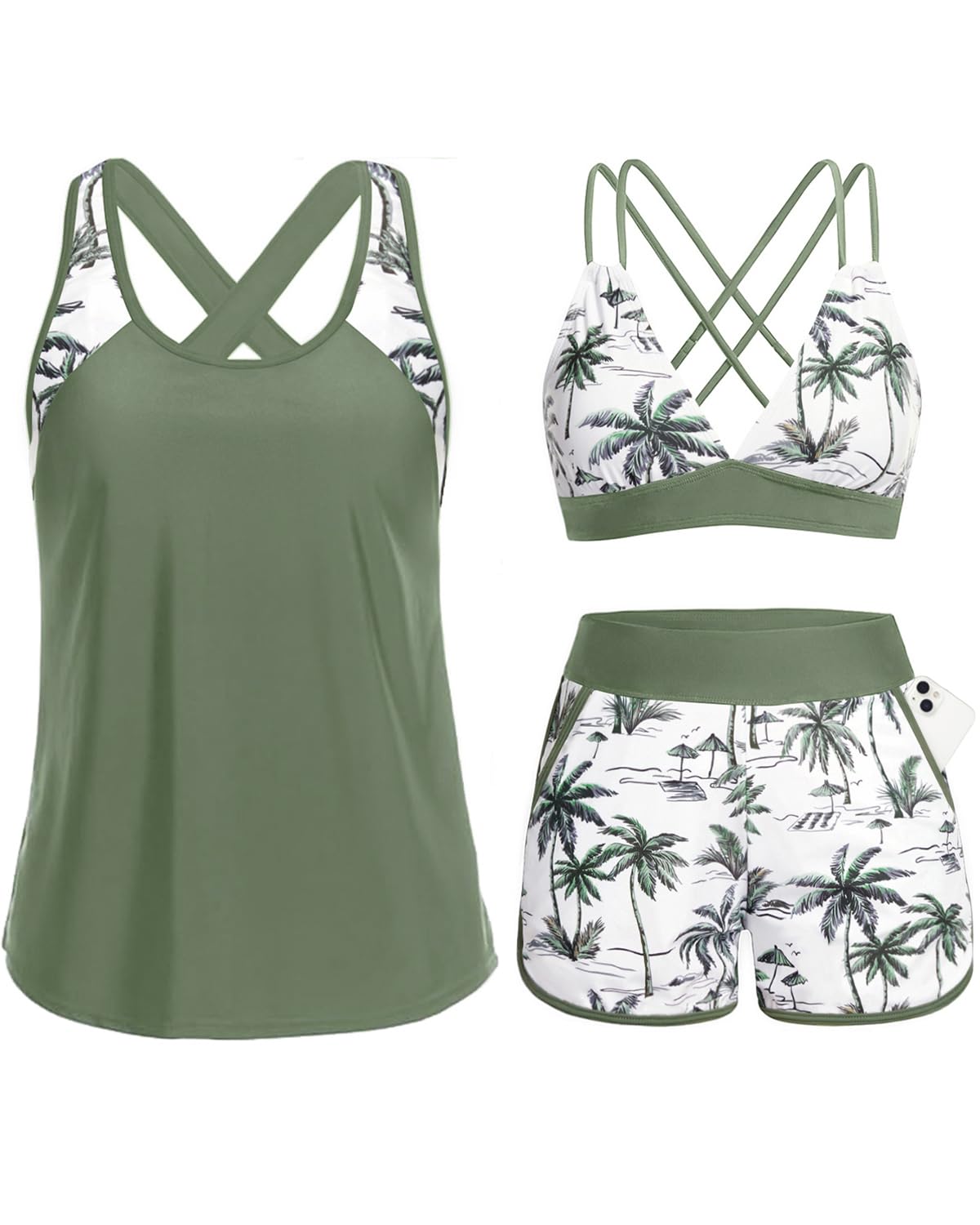 Daci Women 3 Piece Tankini Swimsuits - Tummy Control Tank Top with Bra Modest Bathing Suit with Pockets