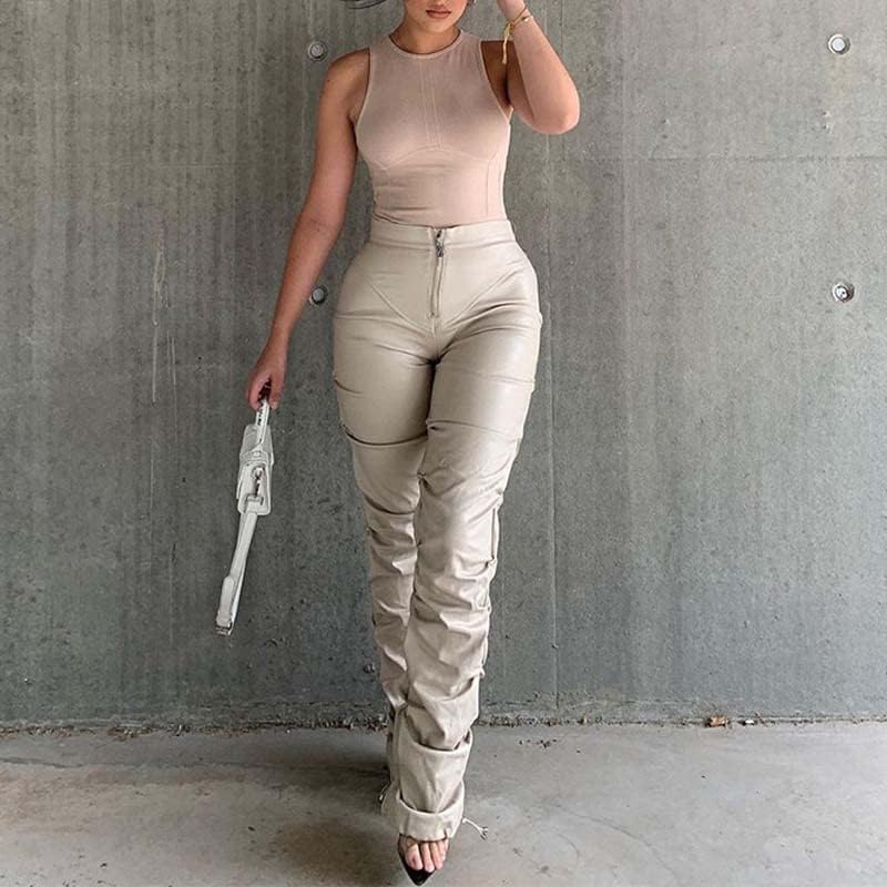 Sumleno High Waist Stacked Pants for Women Faux Leather Ruffle Ruched Leggings Y2k Black Pleated Sexy Aesthetic Streetwear - Image 4