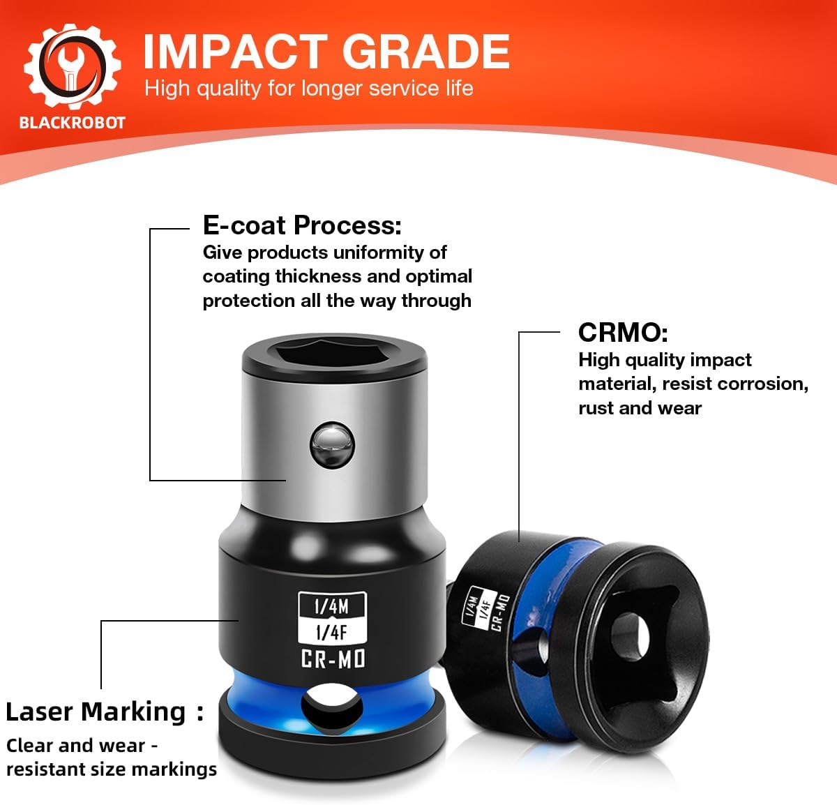 BLACKROBOT 4PCS Impact Bit Holders 1/4 Square Drive to 1/4 Hex Bit Socket Adapter, Impact Wrench Ratchet Use, Cr-Mo Steel