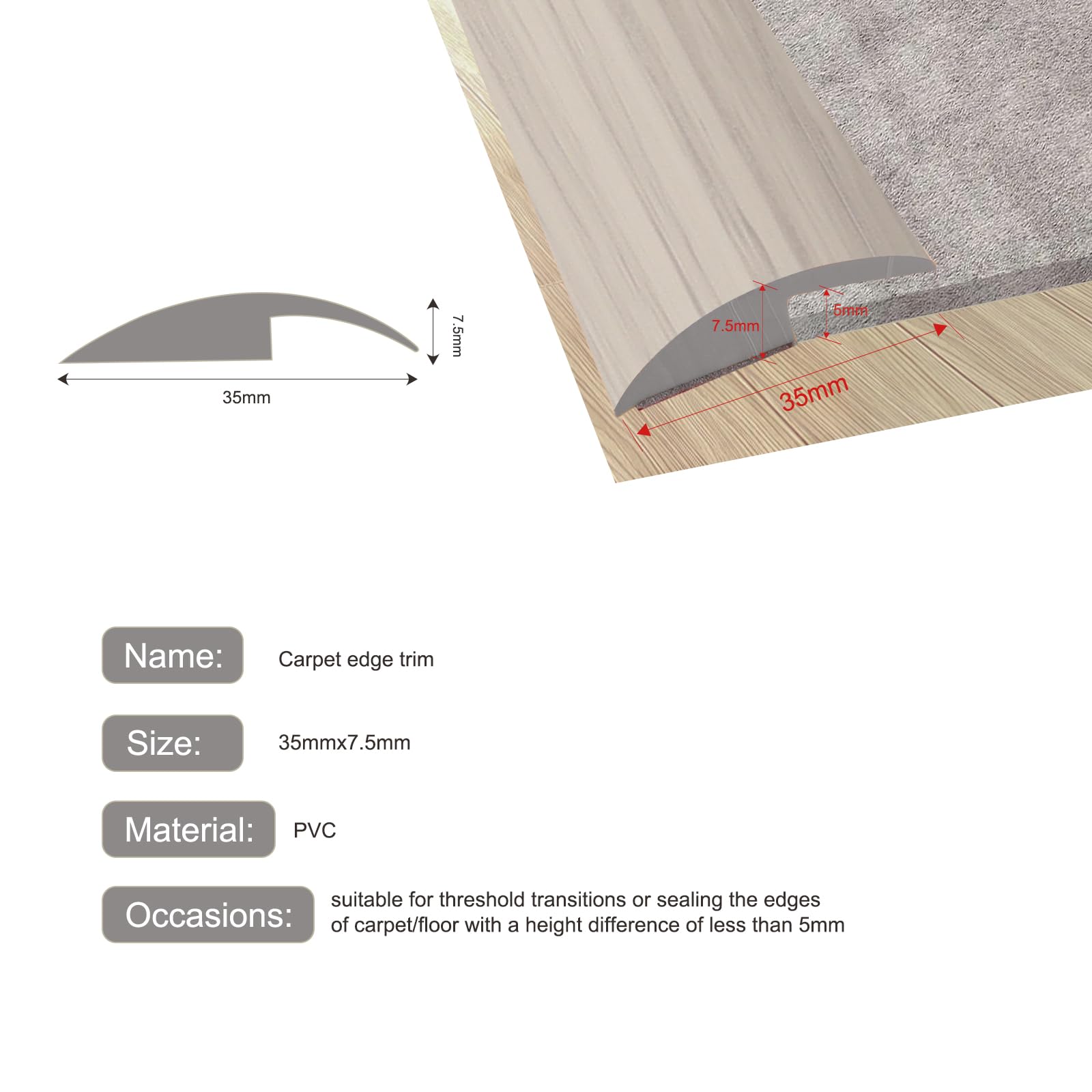 2M Autoadesiva Striscia di Transizione del Pavimento, Profilo di Transizione Pavimento in PVC, Strisce di Rivestimento per Porte per Tappeti per Transizione Inferiore a 5 mm (Grigio)