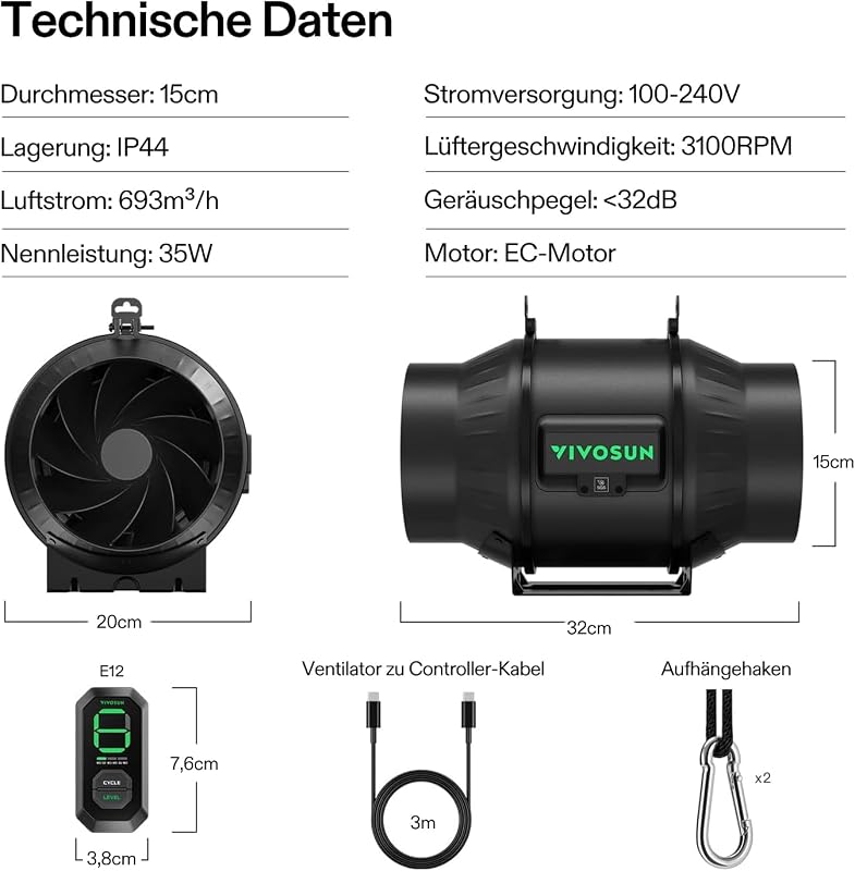 VIVOSUN AeroZesh T6 150mm Csatornás Ventilátor 693 m³/h PWM Szabályozóval