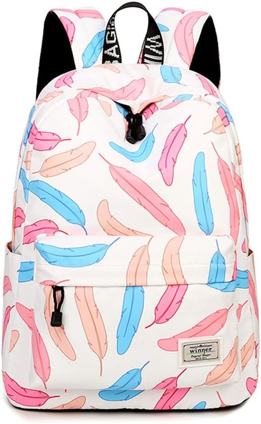 Winnerbag New Fashion Preppy Style Women Waterproof Backpack Ladies School Bag Cute Feather Prints Girls Back Packs Travelling Bags Beige 14 Inches