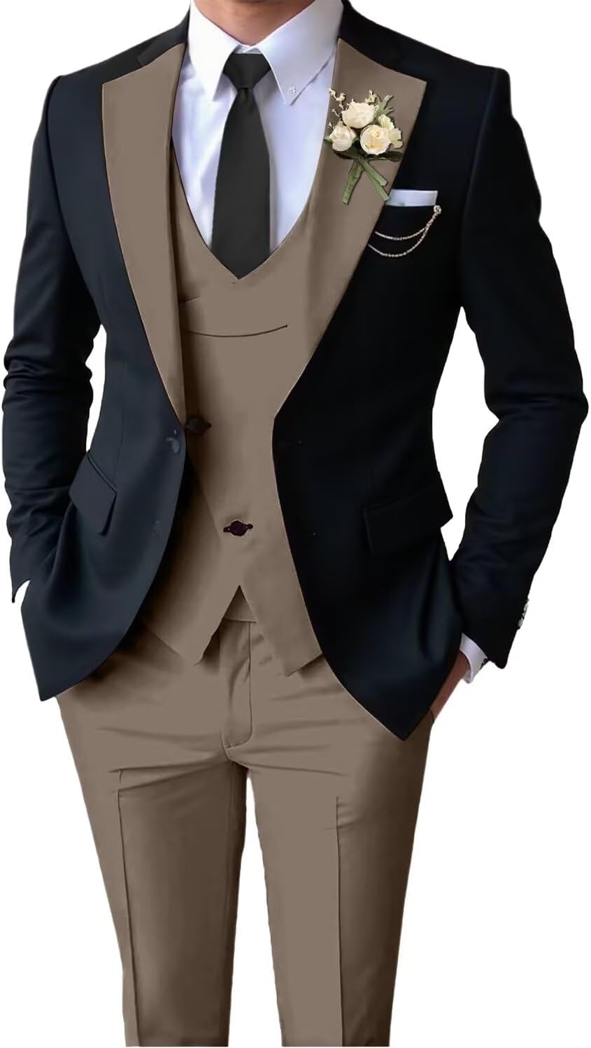 Suits for Men Slim Fit 3 Piece Set, Mens Double Breasted Suit Tuxedo for Men Wedding Prom Formal Business
