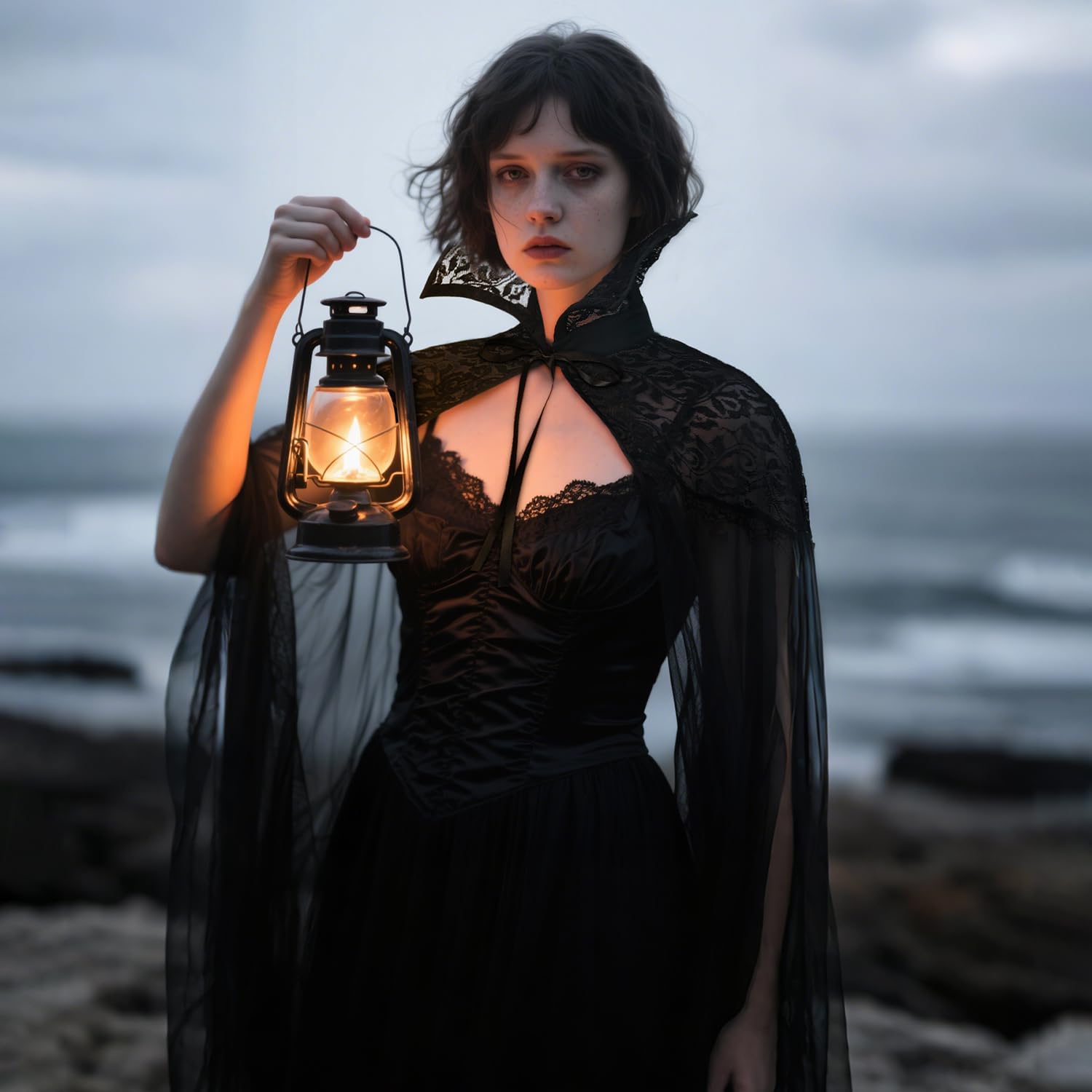 L'VOW Black Vampire Cloak with Lace Collar Women Standinng Collar Long Tulle Cape Gothic Cloak Halloween Witch Cosplay - Image 4