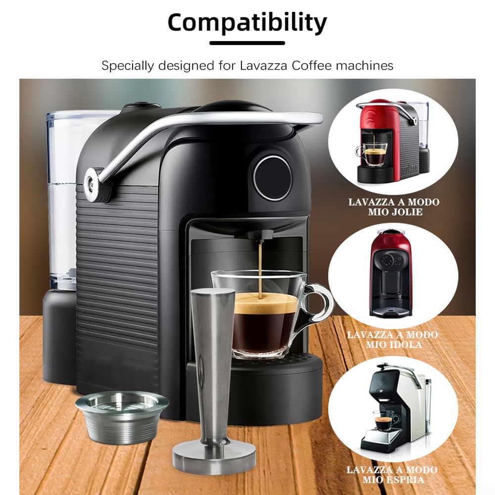 Cápsulas de café reutilizables de acero inoxidable para A Modo Mio Jolie, cápsula recargable con cepillo de cuchara de filtro, recipiente de tierra de metal plateado (juego)