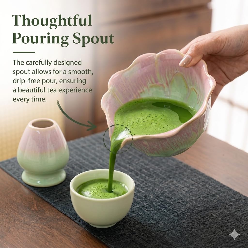 Matcha Set 5-teilig, Matcha Schale mit Ausgießer in Blumenform Grün Rosa, Chasen, Bambusbesen, Chasenhalter, Bambuslöffel, Sieb, Japanisches Matcha Tee Set
