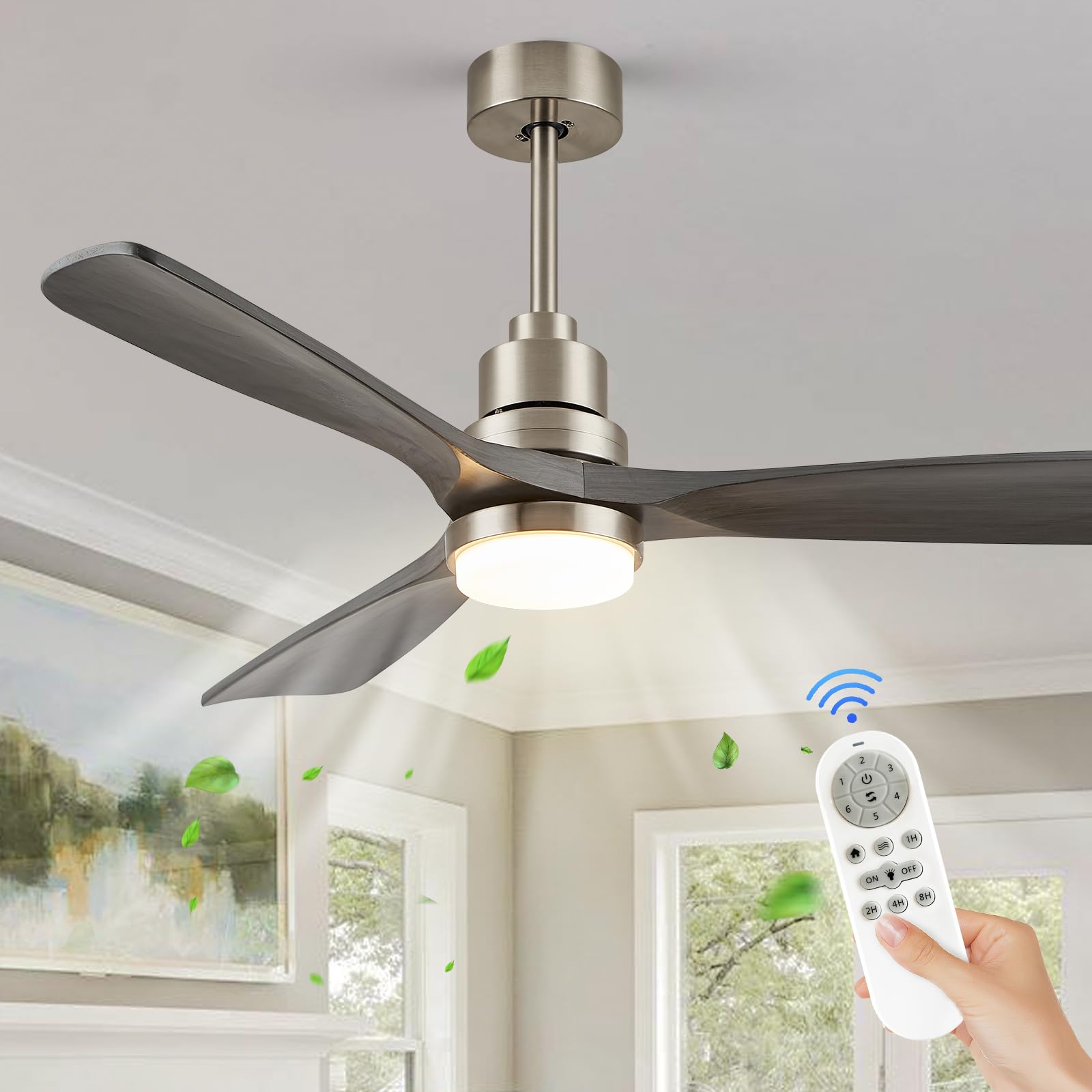 AIRYPHANTF 52'' Ceiling Fans with Lights and Remote Control, Outdoor Wood Ceiling Fan with 3 Blades Ceiling Fan for Bedroom Patio Kitchen Dining Living Room, Noiseless Reversible DC Motor