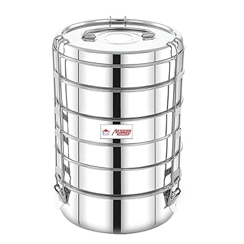 Manav Stainless Steel Tiffin Box Clip Model,6-Tier-Size -11X6 (with Single Plate Between Each Tier),Lunch Box Used for Travelling, Gifting and Picnic, 8250ml, 7 Inch Dia, 2.54Kg, Silver
