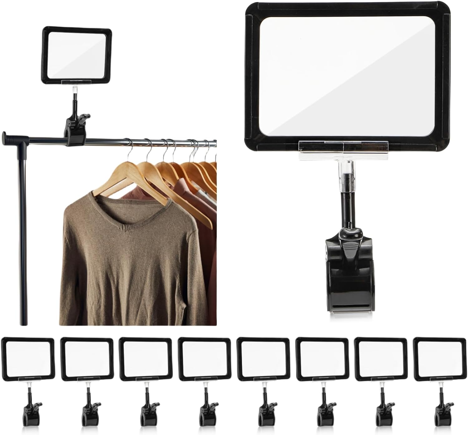 ZOOFOX 10 Pack Acrylic Sign Holder with Clamp, Rotating Clip Pop Swivel Sign with PVC Card Protector, Double Head Sale Signs Holder for Retail Store, Clothing Rack, Office, Supermarket, 6 x 9 Inch