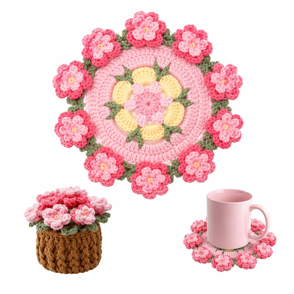 Handmade Crochet Coasters Floral Coasters -Set of Cotton Cup Mats for Kitchen, Pink Coasters Vintage Floral Coasters Coffee & Tea Use, Anti-Slip Table Coasters for Home Decoration (pink flowers)