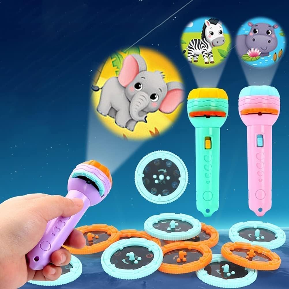 Kids Sleep Story Torch, Slide Projector Light with 56 Animal, Dinosaur, Transportation, Fruits & Digits Patterns