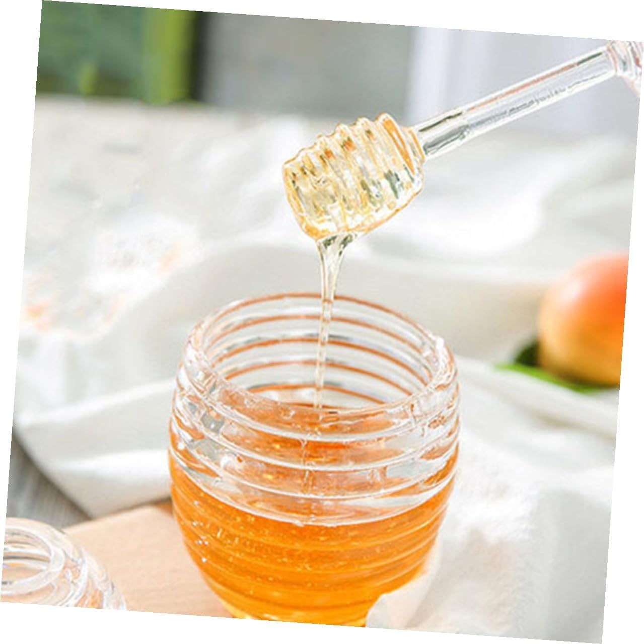 Mikinona Kitchen Honey Storage Jar White Set with Stirring Rod, Plastic