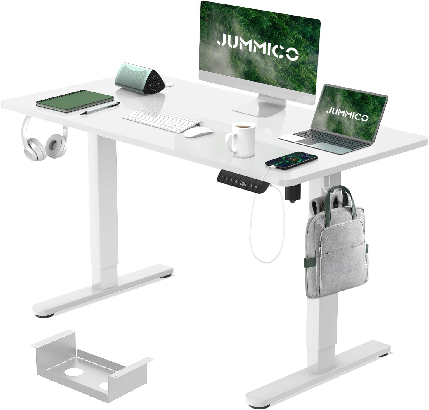 JUMMICO Electric Standing Desk 120x60 cm with Charging Port, Height Adjustable Computer Desk with Cable Tray,Ergonomic Sit Stand up Desk Rising Table Home Office Furniture, White