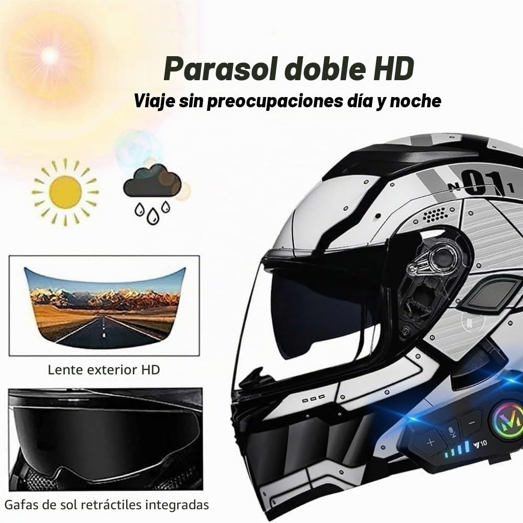 Casco Modular de Moto con Bluetooth e intercomunicador, homologado por la ECE y la Dot, con Apertura integrada y Doble Visera para Hombre y Mujer. H,L=59-60cm