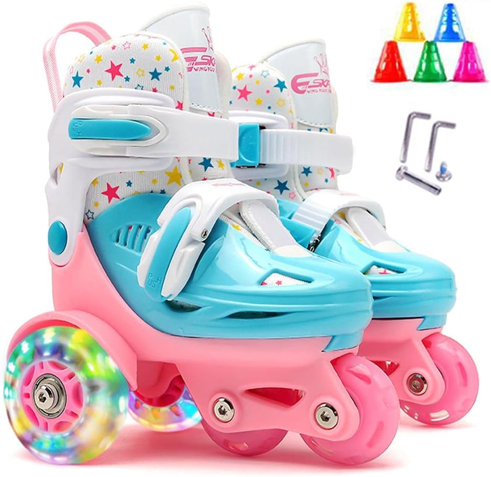 Kids Adjustable Roller Skates, Quad Skates with Luminous Wheels and Double Brakes, Ankle Support and Easy Walk Design