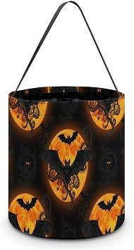 Portable Halloween Tote Candy Bag Halloween Full Moon Flying Black Bats, Trick or Treat Buckets Basket for Holiday Decorations and Gifts