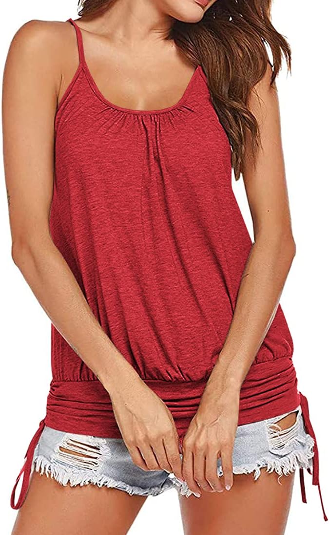 Hongqizo Women Summer Tank Tops Casual Spaghetti Strap Banded Bottom Loose Camisole Side Shirring Lace Up Shirts - Image 2