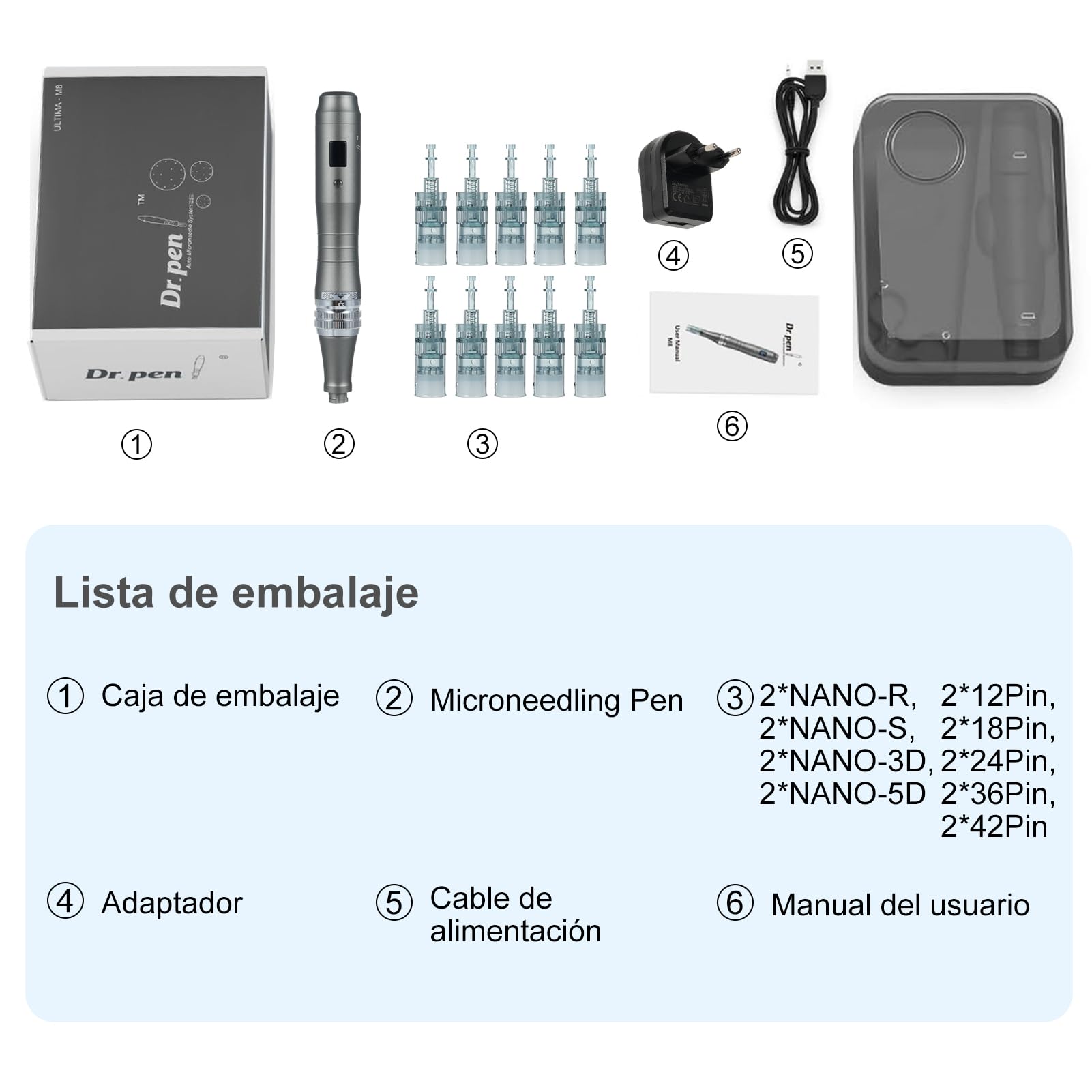 dr pen M8 Microneedling Pen Con gama completa de cartuchos, Total 18 piezas dr pen M8 Cartuchos, Utilizado para Antienvejecimiento, Estiramiento de la Piel y Aclaración de Imperfecciones de la Piel