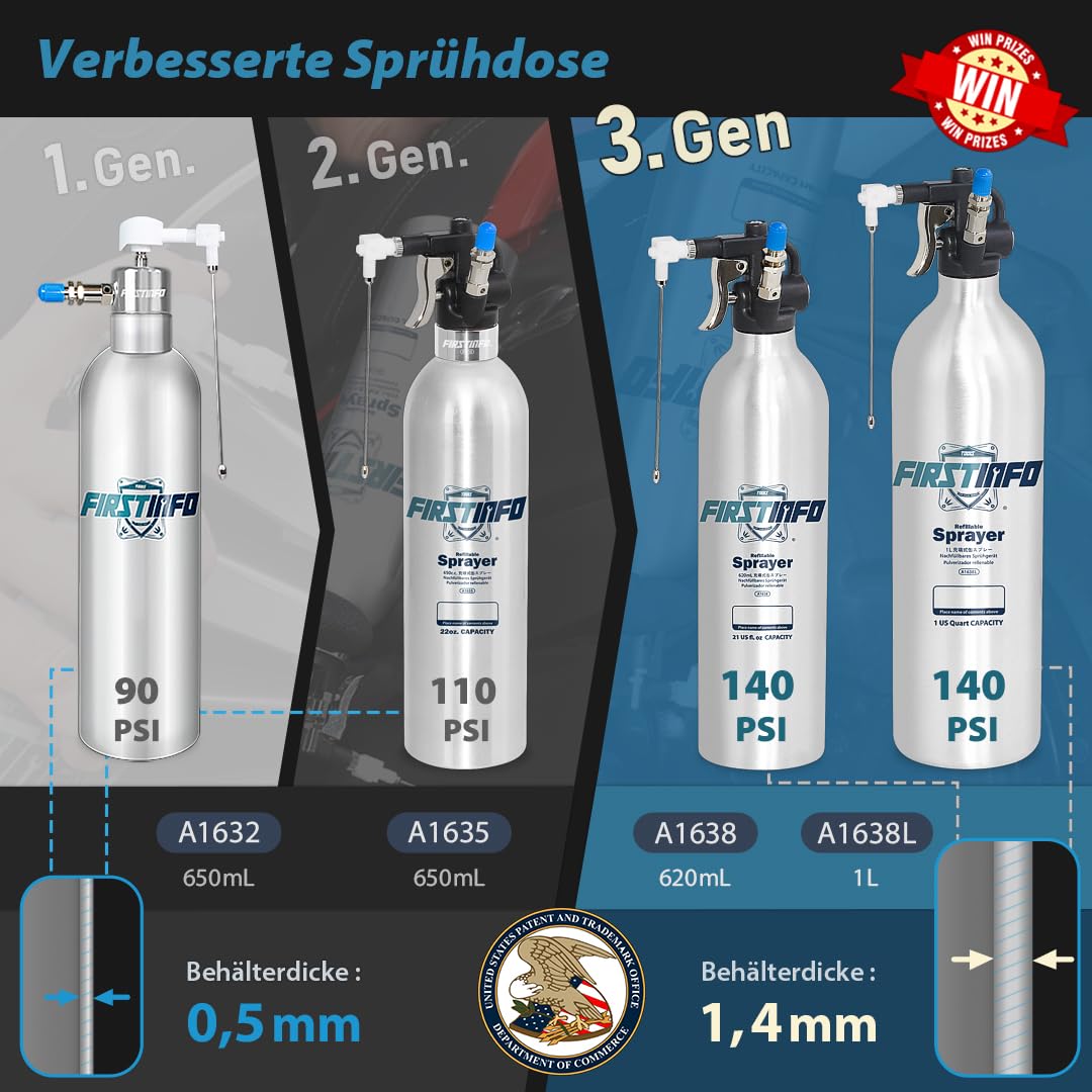 FIRSTINFO Bremsenreiniger Sprühflasche 1L Alu Drucksprüher 140 psi A1638L
