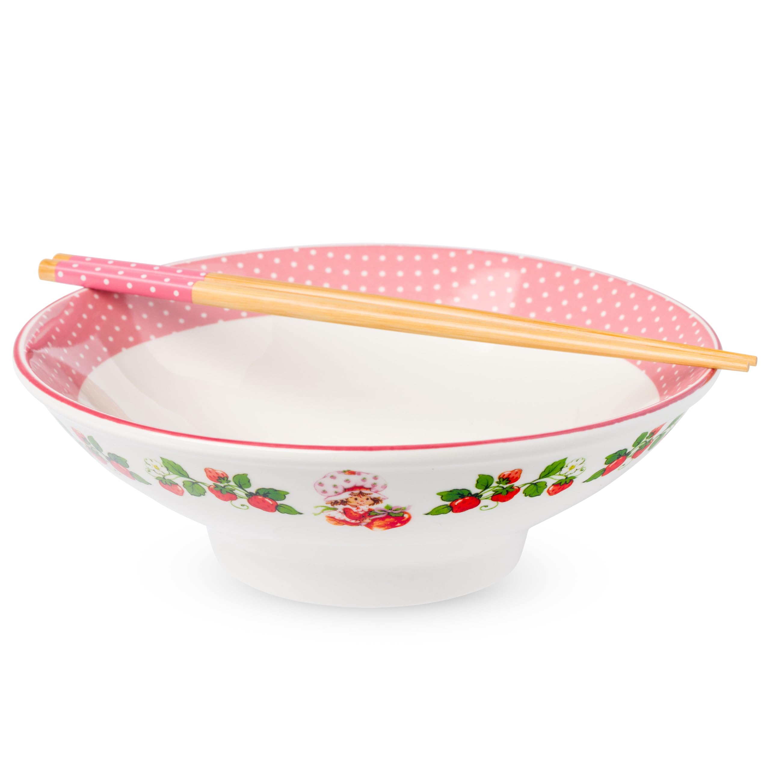 Silver Buffalo Strawberry Shortcake Dots, Ramen Bowl with Chopsticks, 30oz