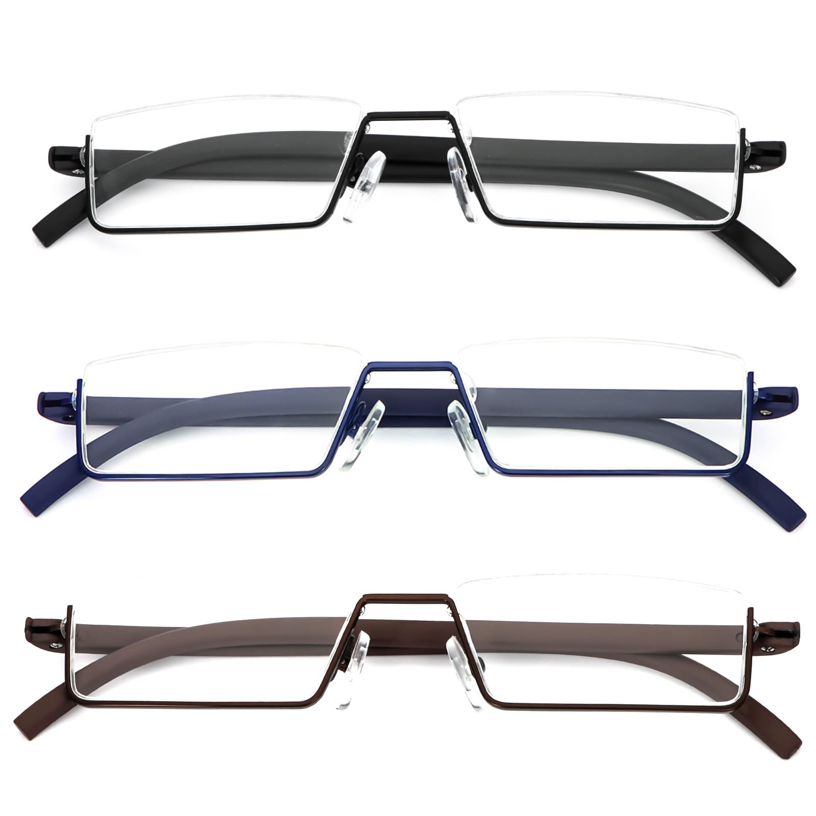 REAVEE 3 Pack Half Frame Reading Glasses for Men Women, Half Lens Slim Metal Lightweight Readers Portable Pocket with Case, Black Blue and Brown +2.0