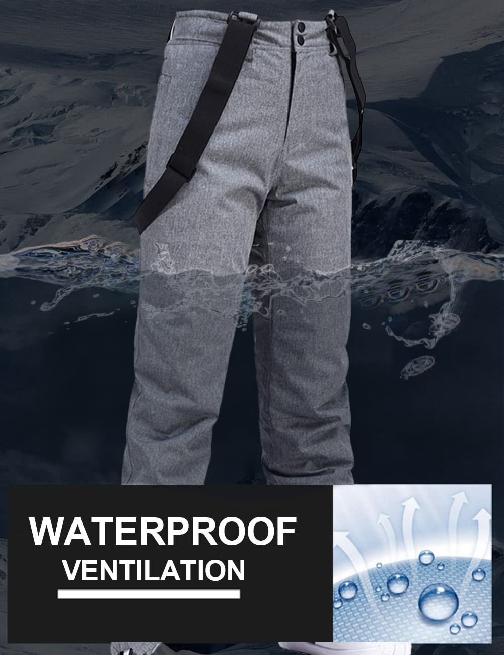 HOTIAN Damen Skihose Hosenträgerhose Snowboardhose Winter Wasserdicht Winddicht Warm Abnehmbare Hosenträger Skilanglaufhose Thermohose Wanderhose Ski Pant Gray XL