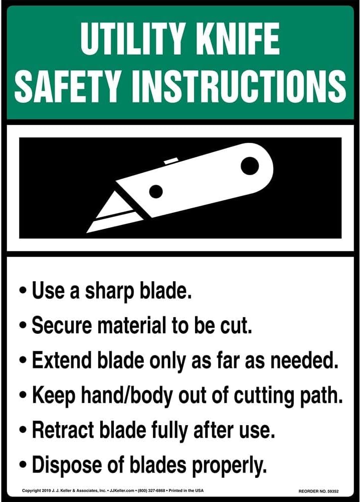 J. J. Keller & Associates, Inc. Utility Knife Safety Instructions Employee Awareness Poster – Laminated Workplace Safety Guide, 10" x 14"