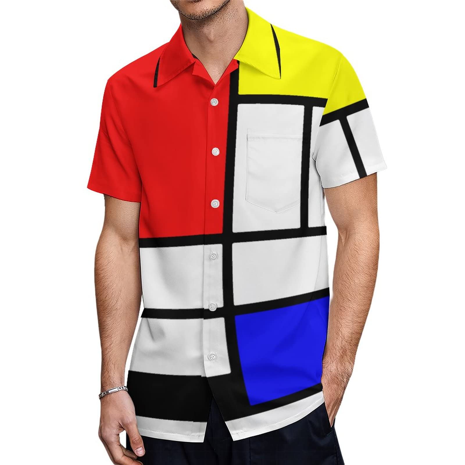 BAIKUTOUAN Mondrian Style Men's Short Sleeve Shirt Casual Loose Button Down Shirts for Work Beach Vacation
